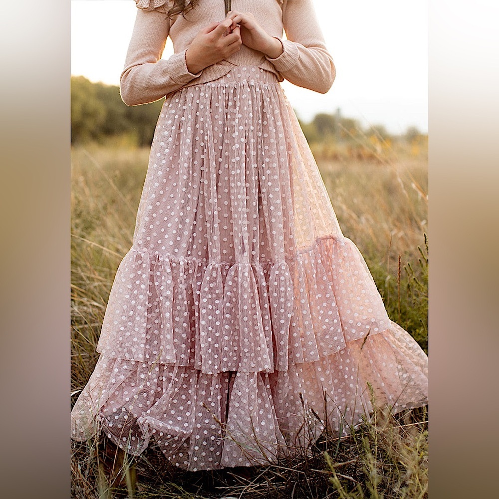 🩰Joyfolie Mia Joy Full Pink Maxi Skirt w Ruffle Tiered Layers & Polka Dots NWT✨